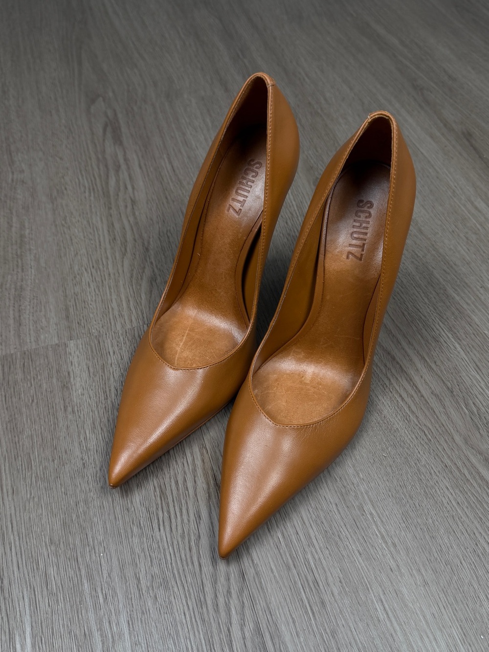 Lexi high SCHUTZ Sculpted Pointed Toe Pumps Cognac Leather Heels Size 7.5B - Picture 7 of 9